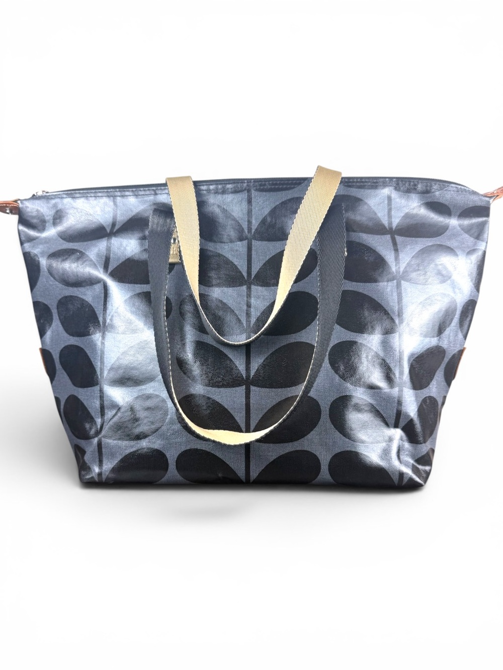 Orla Kiely Linear Stem Zip Shopper Tote Navy Black Matte Laminated Cotton Bag